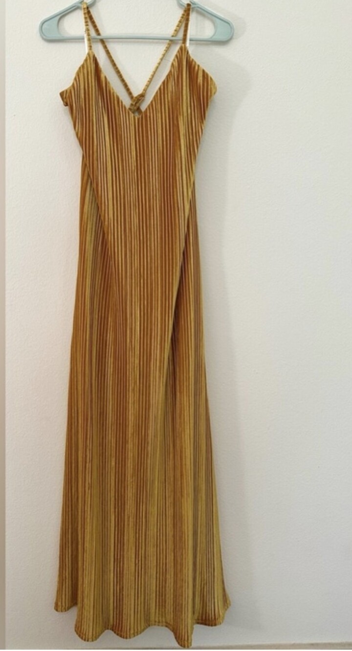 Lulus Golden Yellow Velvet Pleated Backless Maxi Dress